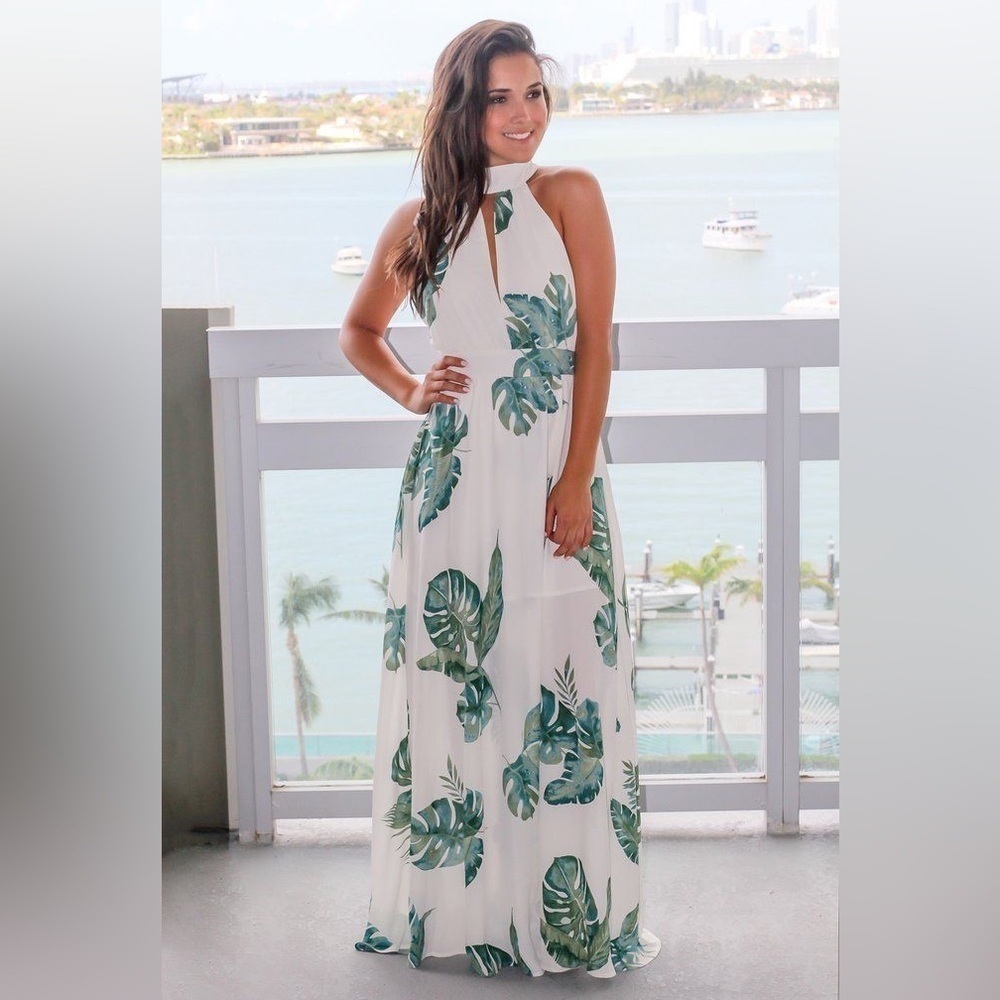 DRESS FORUM Palm Leaf Maxi Sleeveless Tropical Party Vacation Sz S White Green
